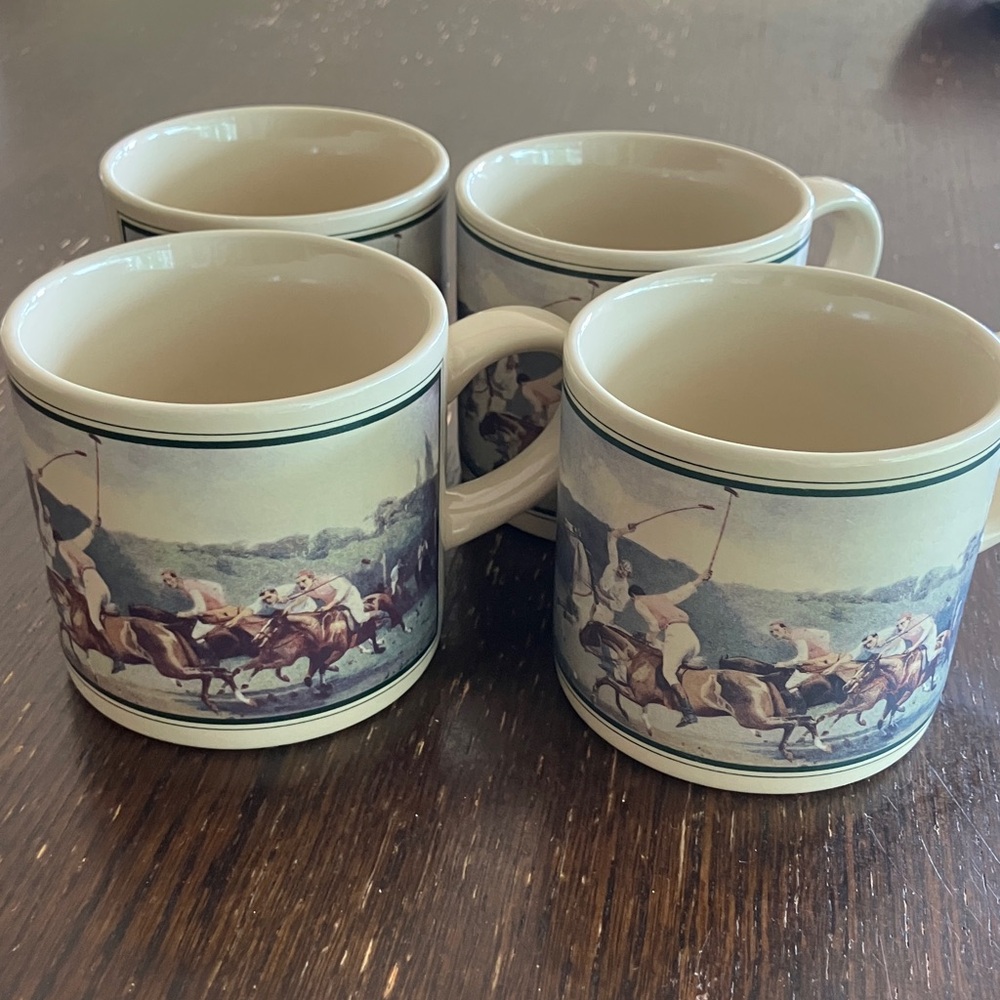 Vintage Ralph Lauren polo scene ceramic tan coffee mugs set of four made Japan